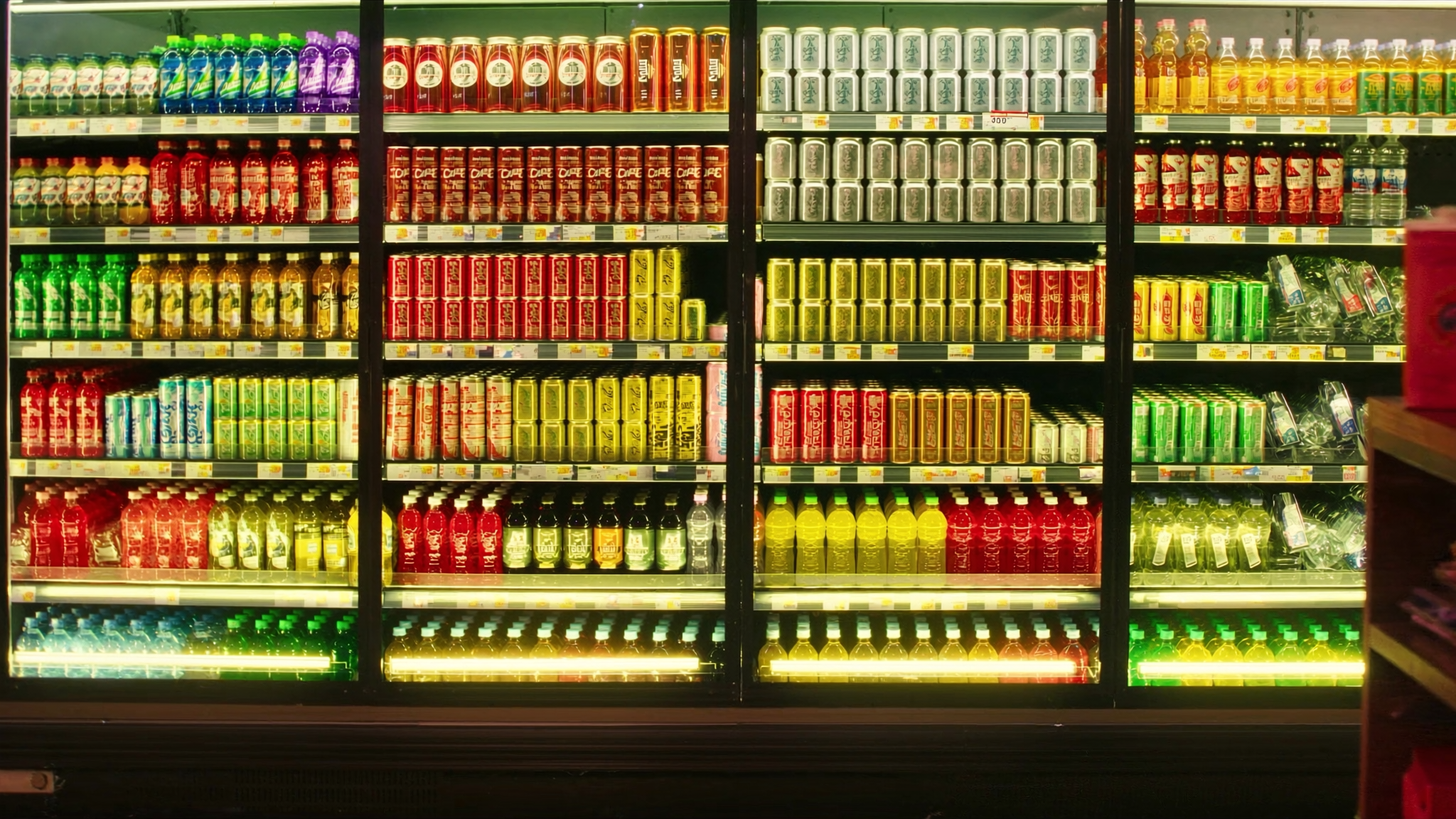 Convenience store beverage cooler with neatly fronted bottles and cans pulled to the shelf edge — facing in retail done correctly