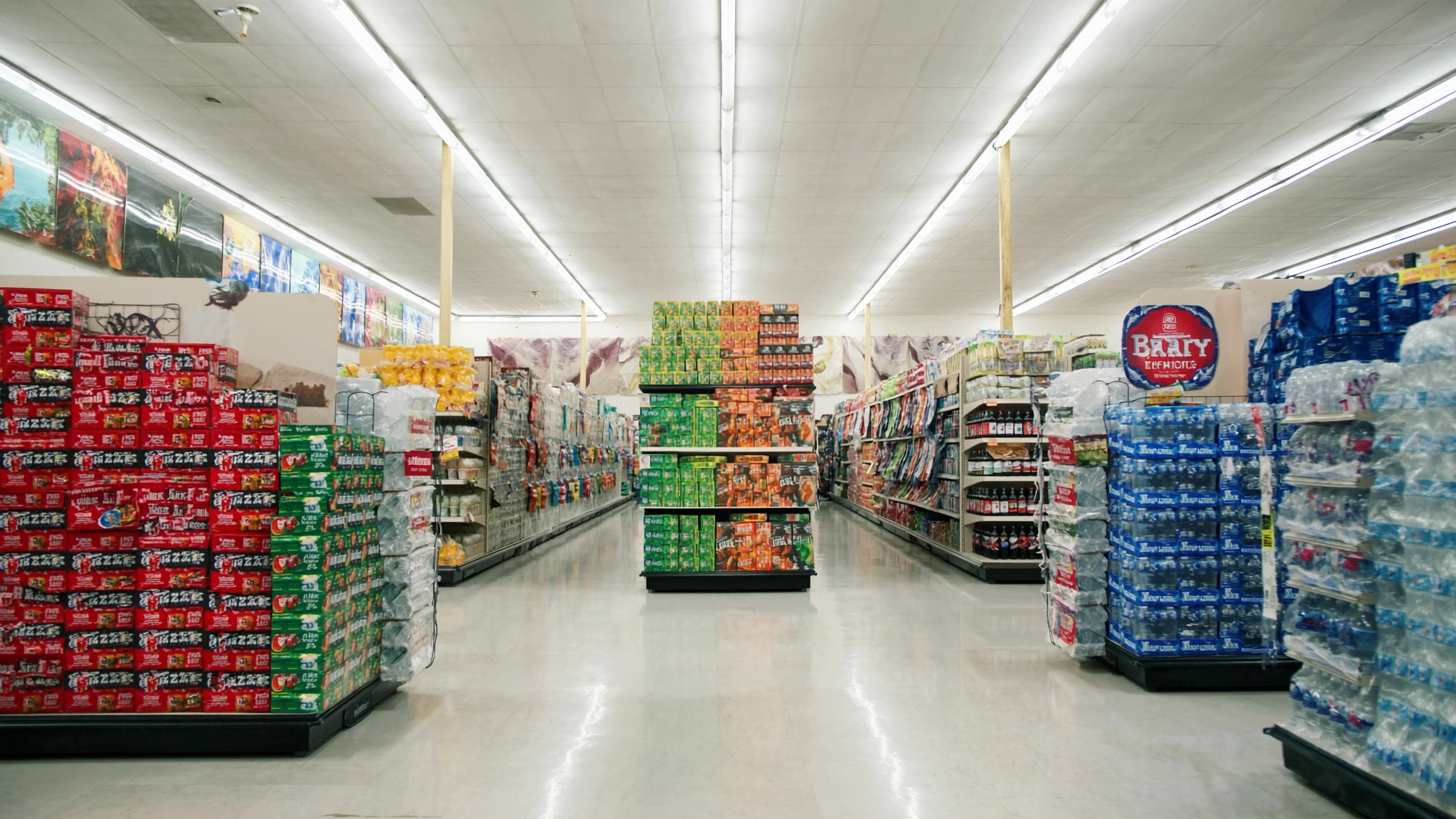 Modern supermarket beverage aisle with organized shelves of beer and soft drinks — the retail execution environment where KPIs are measured
