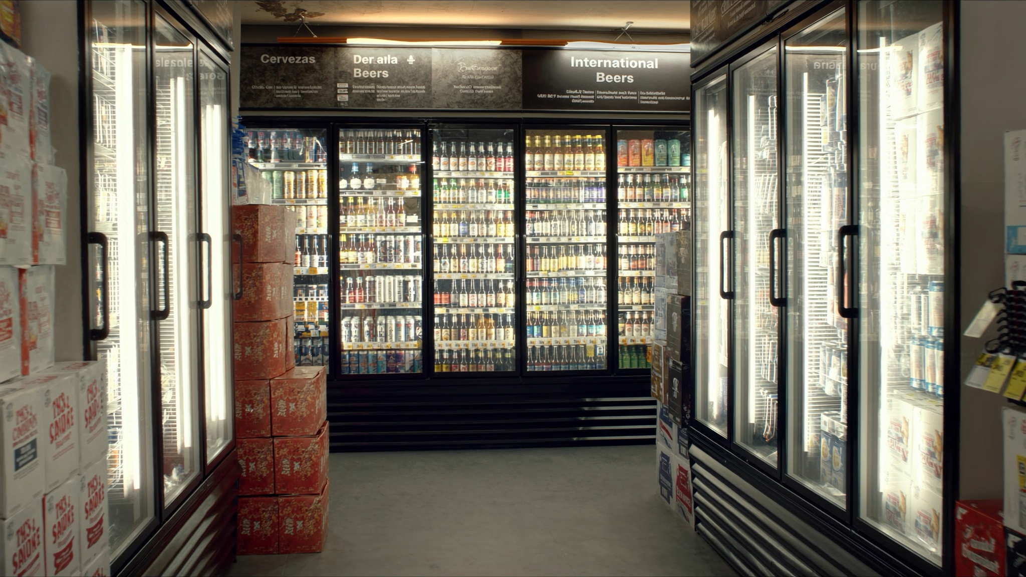 Convenience store beer cooler section with multiple branded glass-door coolers — where silent revenue leaks happen in beer distribution