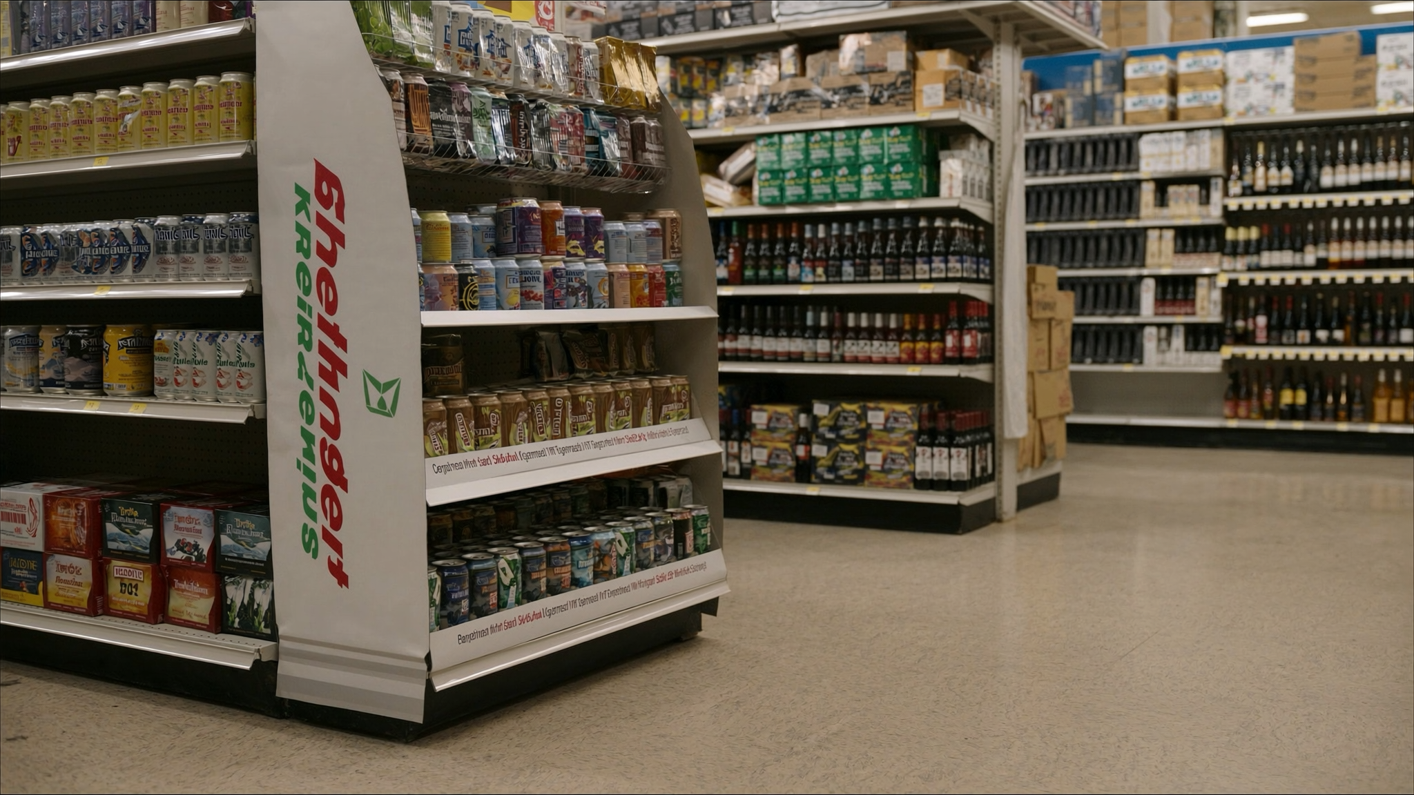 Retail beverage aisle with branded end-cap shipper display and neatly stocked shelves — the field execution environment where execution actually happens