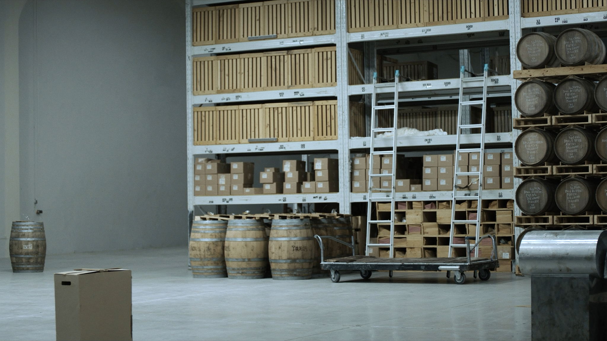 Modern wine distribution warehouse with industrial racks holding cases of wine and stacked oak barrels — the operational scale of wine distribution