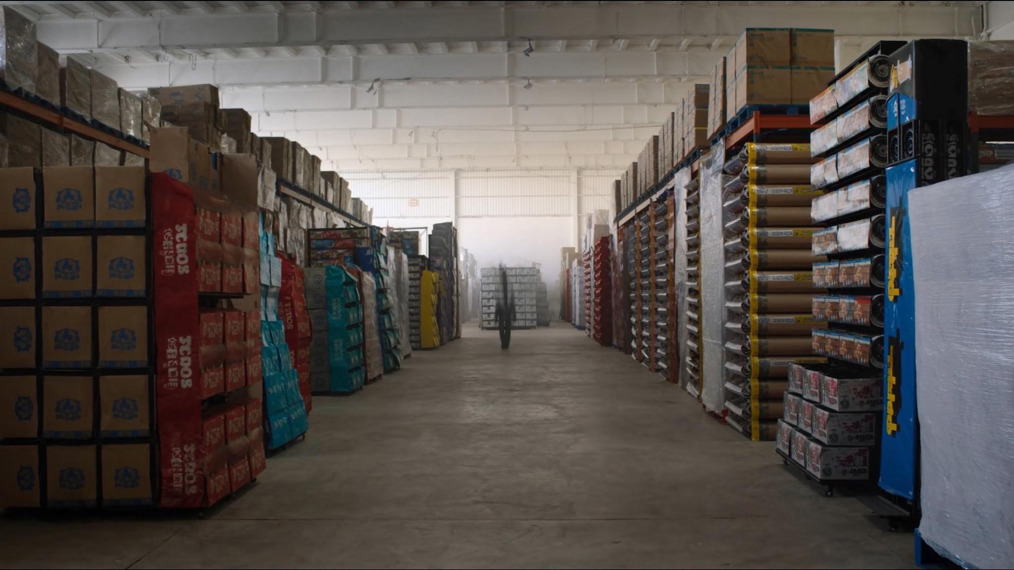 Beverage distributor warehouse with branded point-of-sale materials stacked on industrial racks — illustrating the scale of POS inventory that gets lost to shrinkage