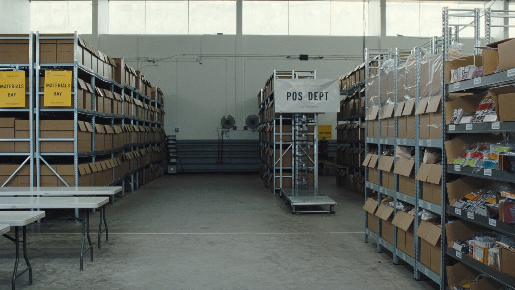 Organized beverage distributor warehouse aisle with industrial racks of marketing materials and point-of-sale collateral — the operational backbone of beverage distributor marketing asset tracking