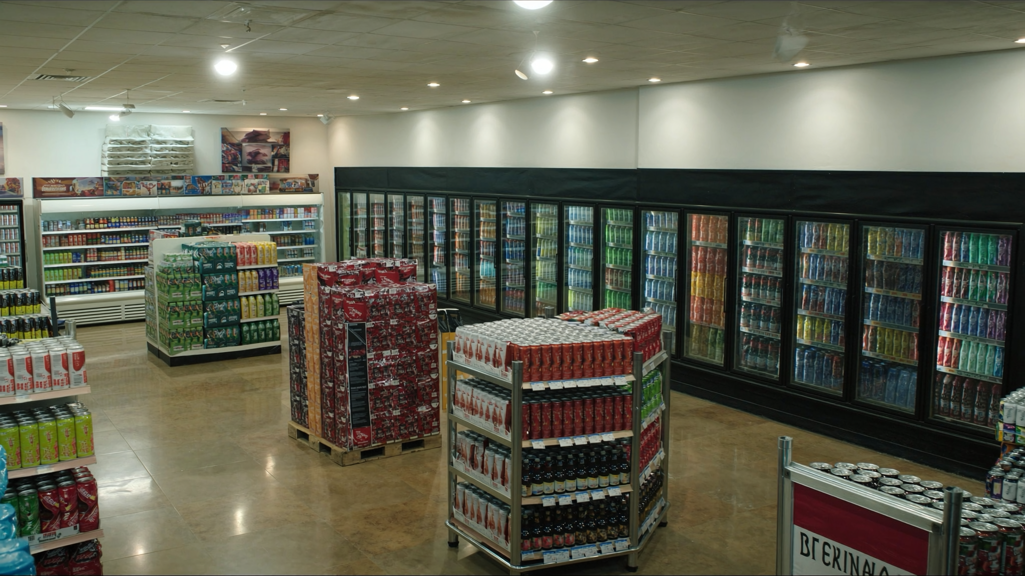 American grocery store beverage section with branded floor displays of canned drinks and well-stocked branded coolers — the retail execution outcome that drives measurable POS ROI