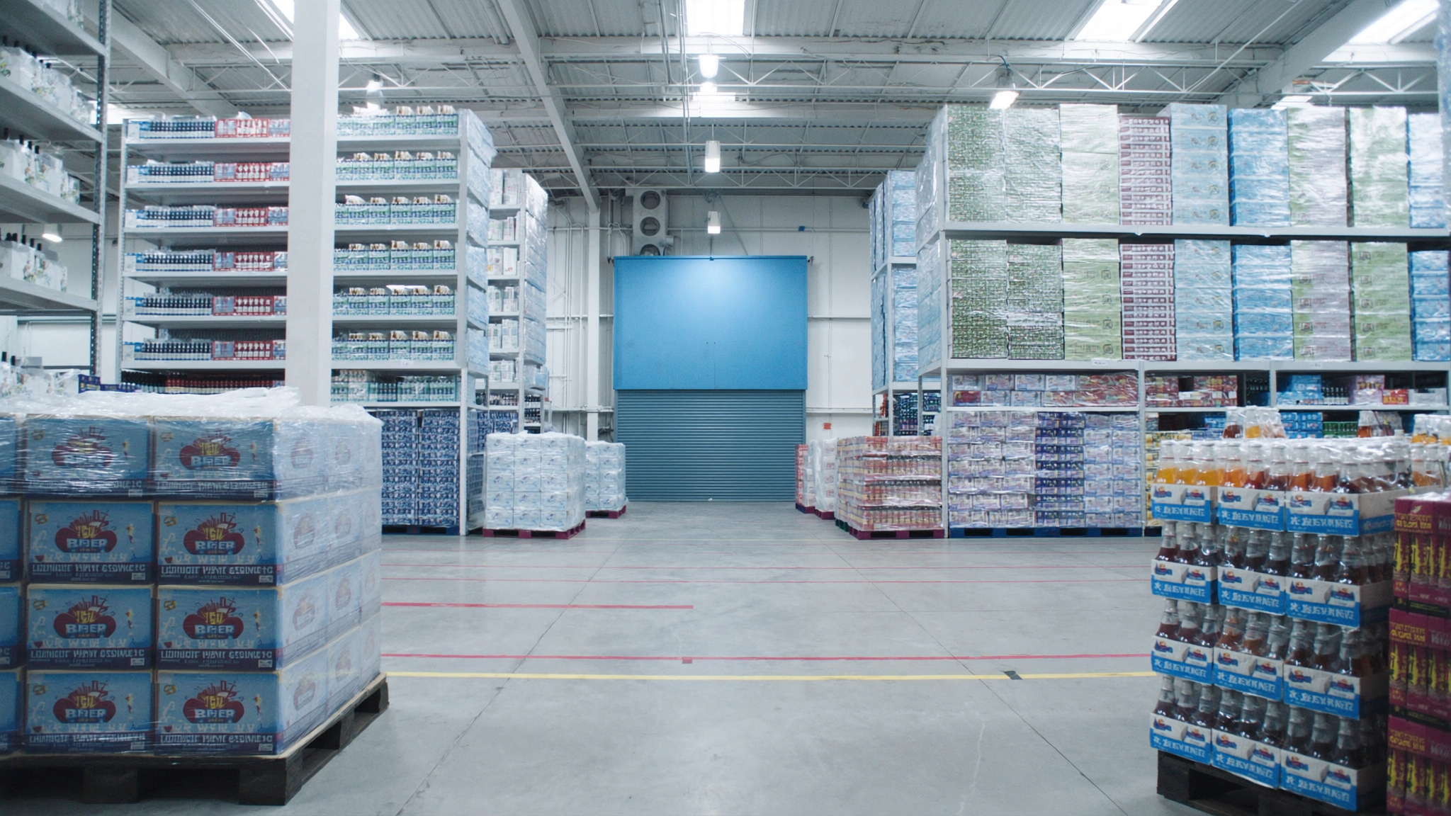 Modern beverage distribution warehouse with organized pallets on industrial racking — the contemporary operational standard OnTrak customers are evaluating as they move off legacy systems