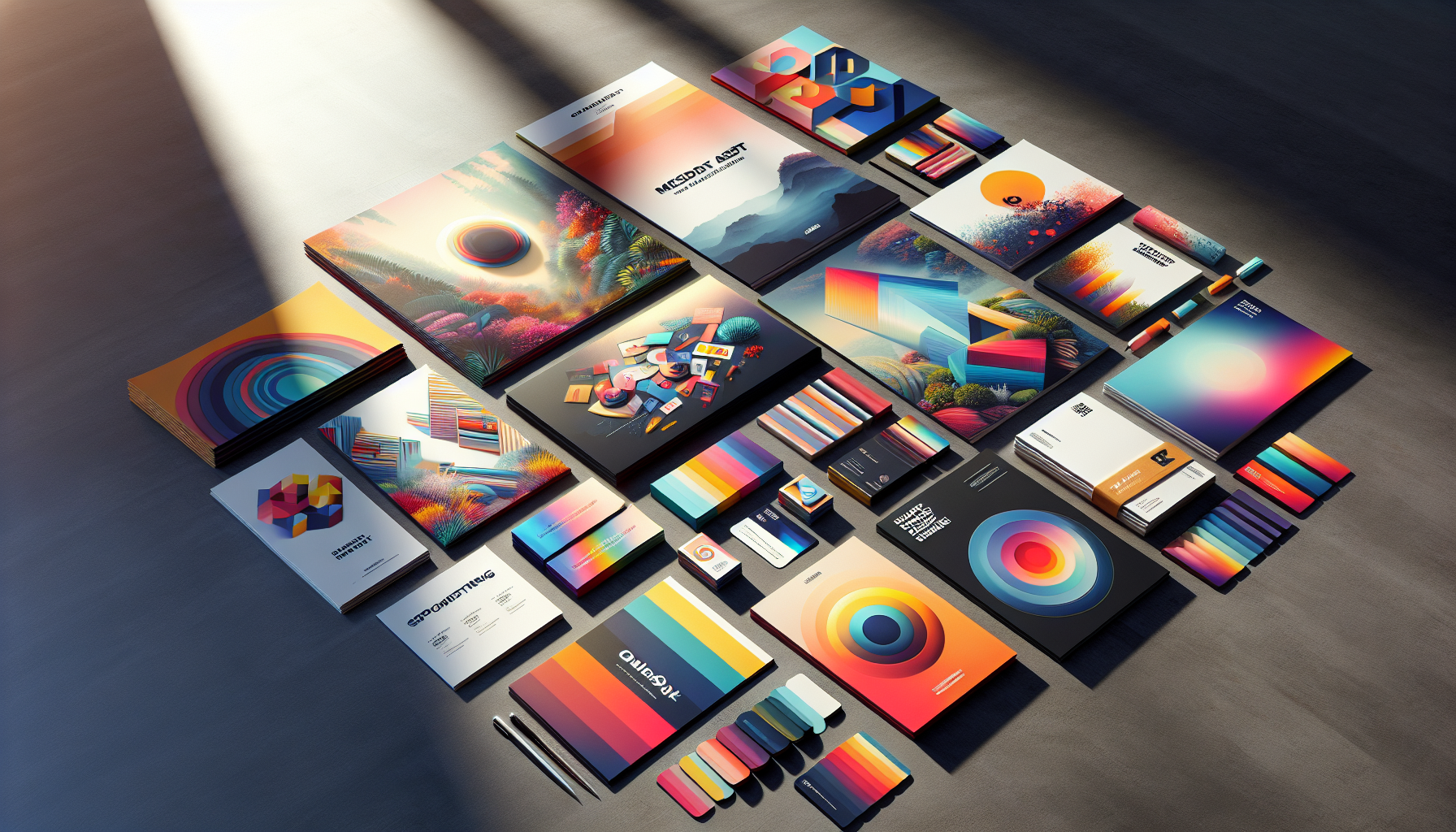  An illustration showcasing different print marketing collateral materials. 
